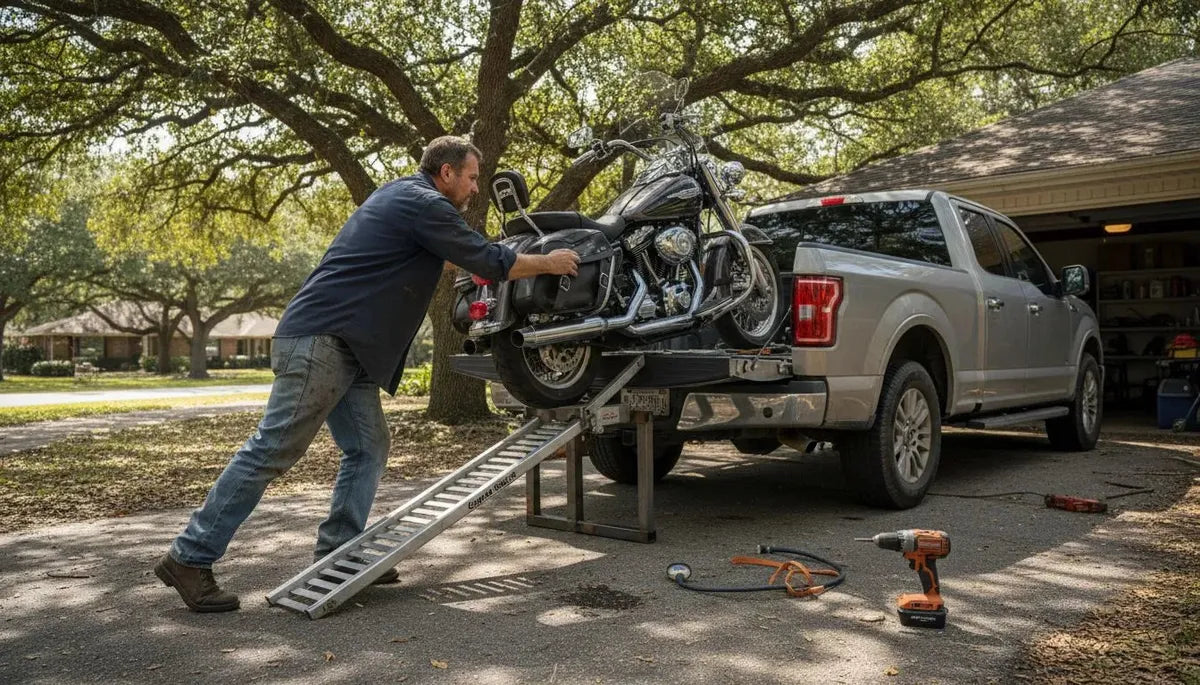 Man loading motorcycle on ramp in driveway