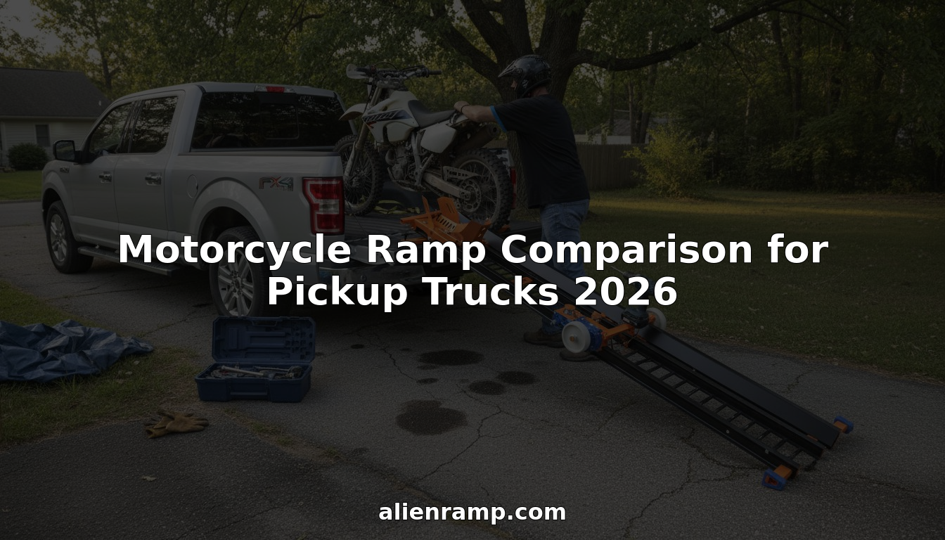 Man loading motorcycle up ramp into pickup truck