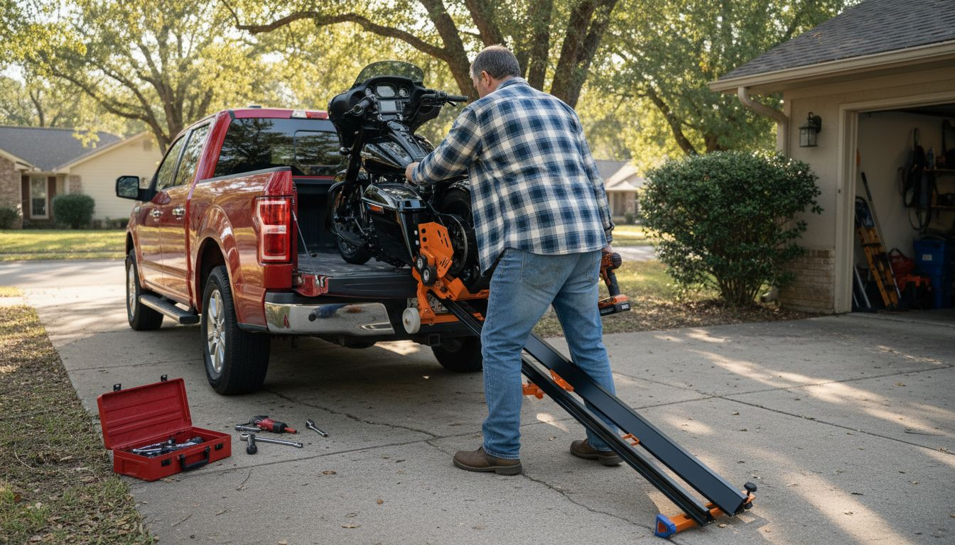 Man pushing motorcycle up loading ramp into truck