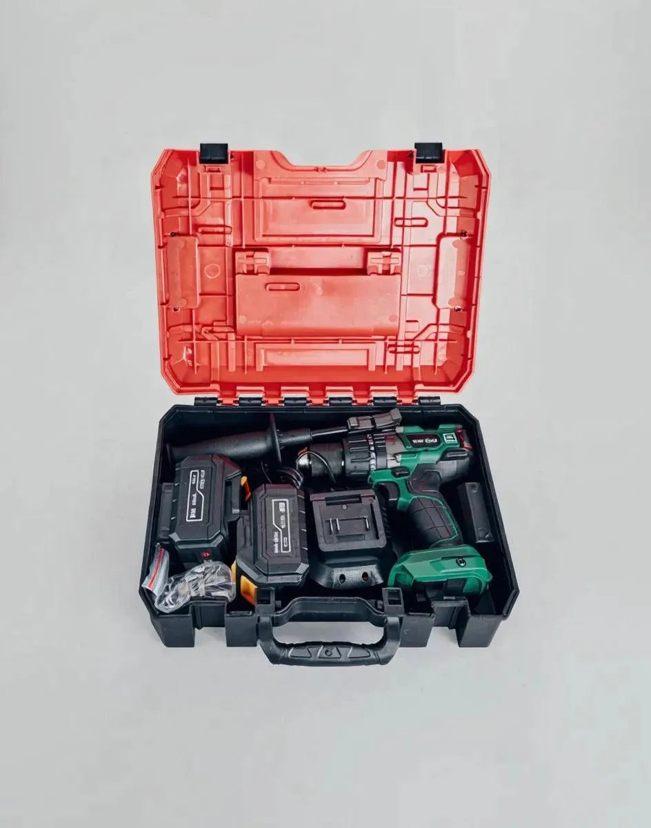 Open Neo-Dyne tool case with a cordless drill and batteries on a gray background