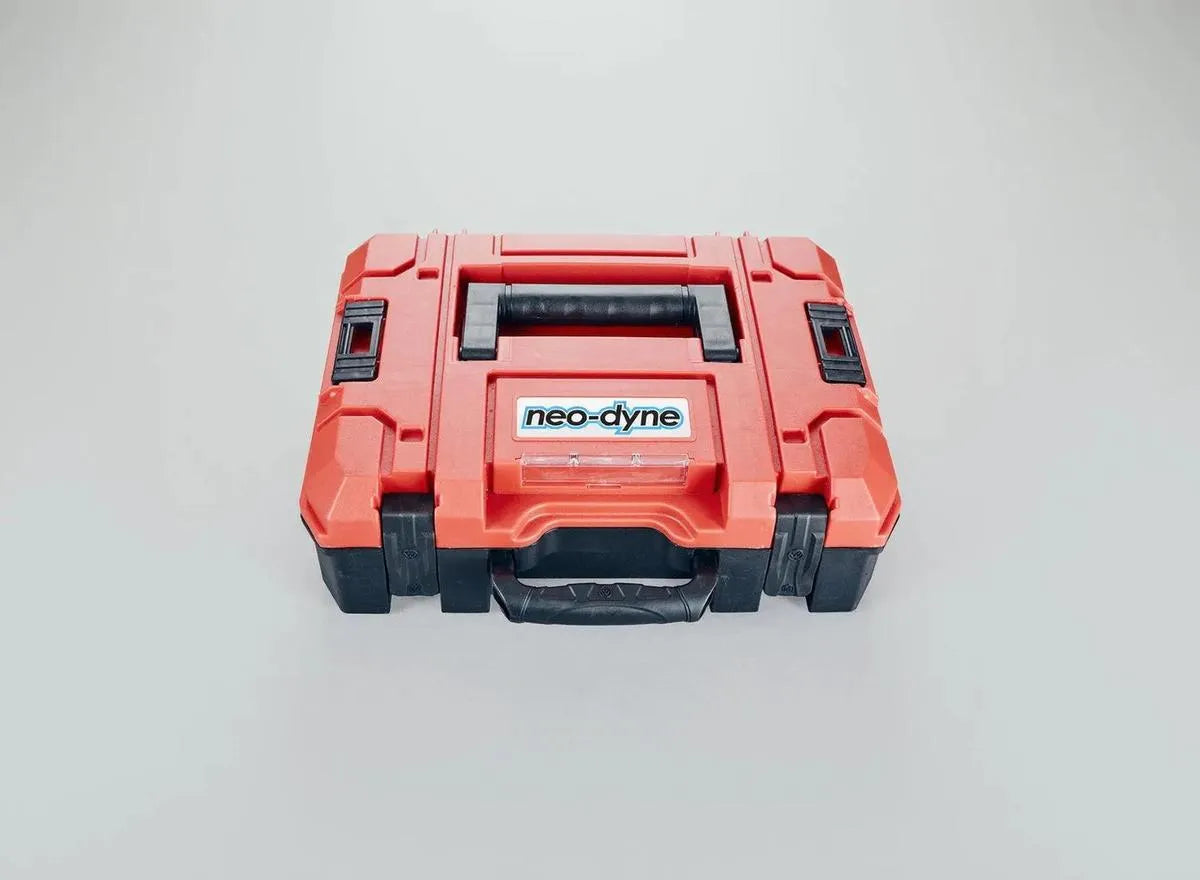 Red tool case with 'neo-dyne' logo on a gray background
